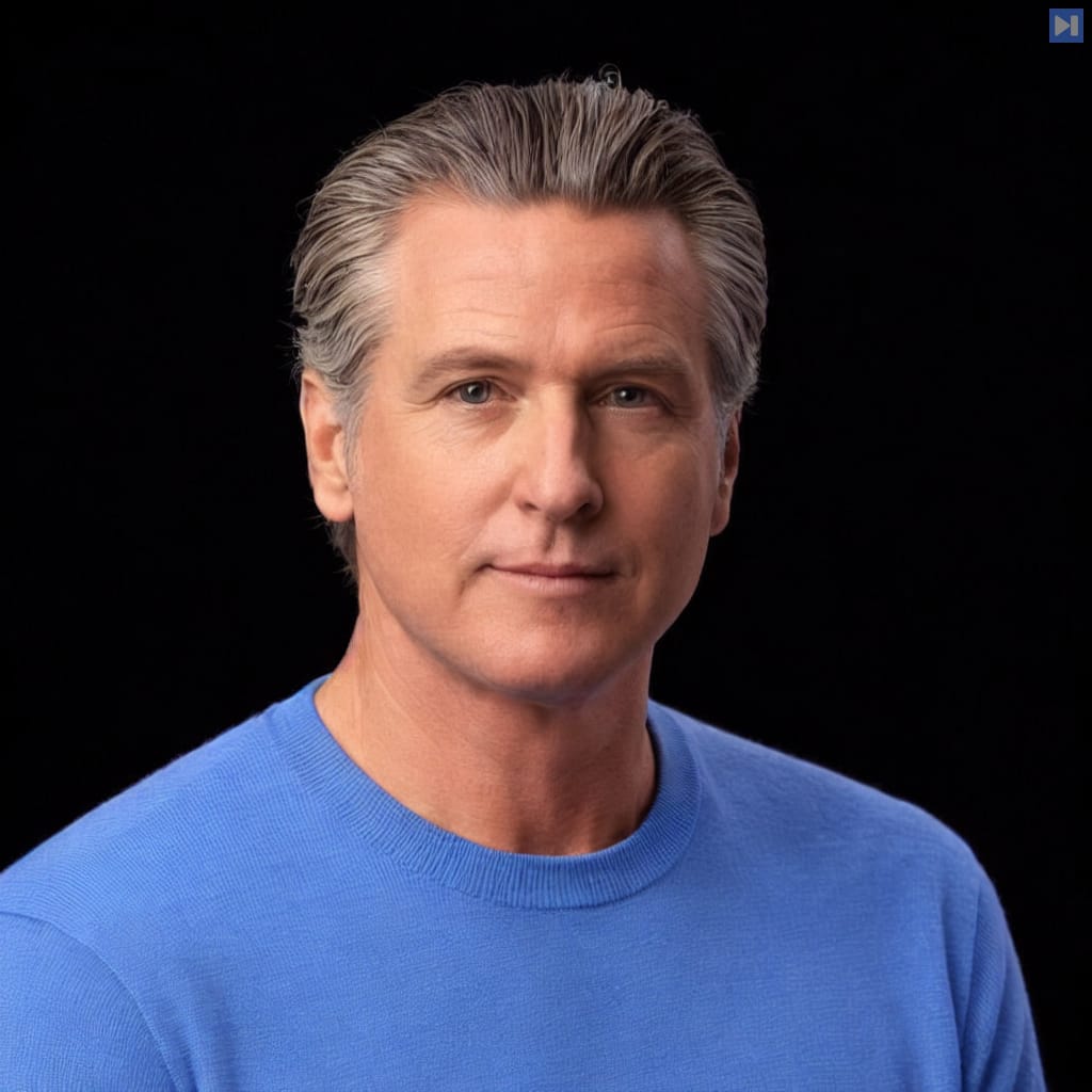 Head-and-shoulders portrait of Gavin Newsom against a black background.