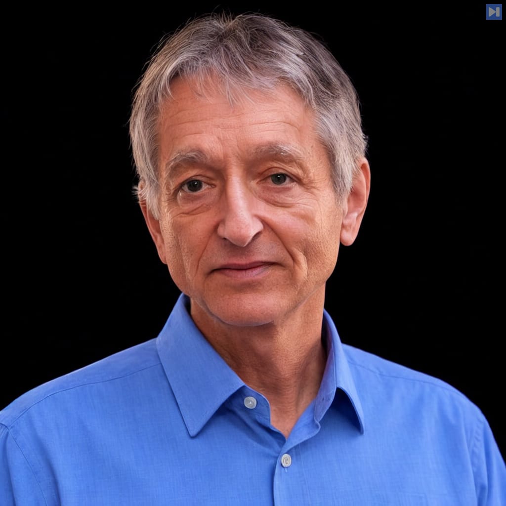 Head-and-shoulders portrait of Geoffrey Hinton against a black background.