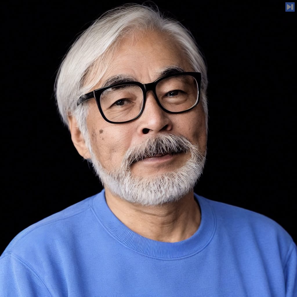 Head-and-shoulders portrait of Hayao Miyazaki in a light blue top against a black background.
