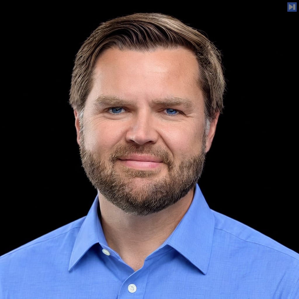 Head-and-shoulders portrait of JD Vance against a black background.