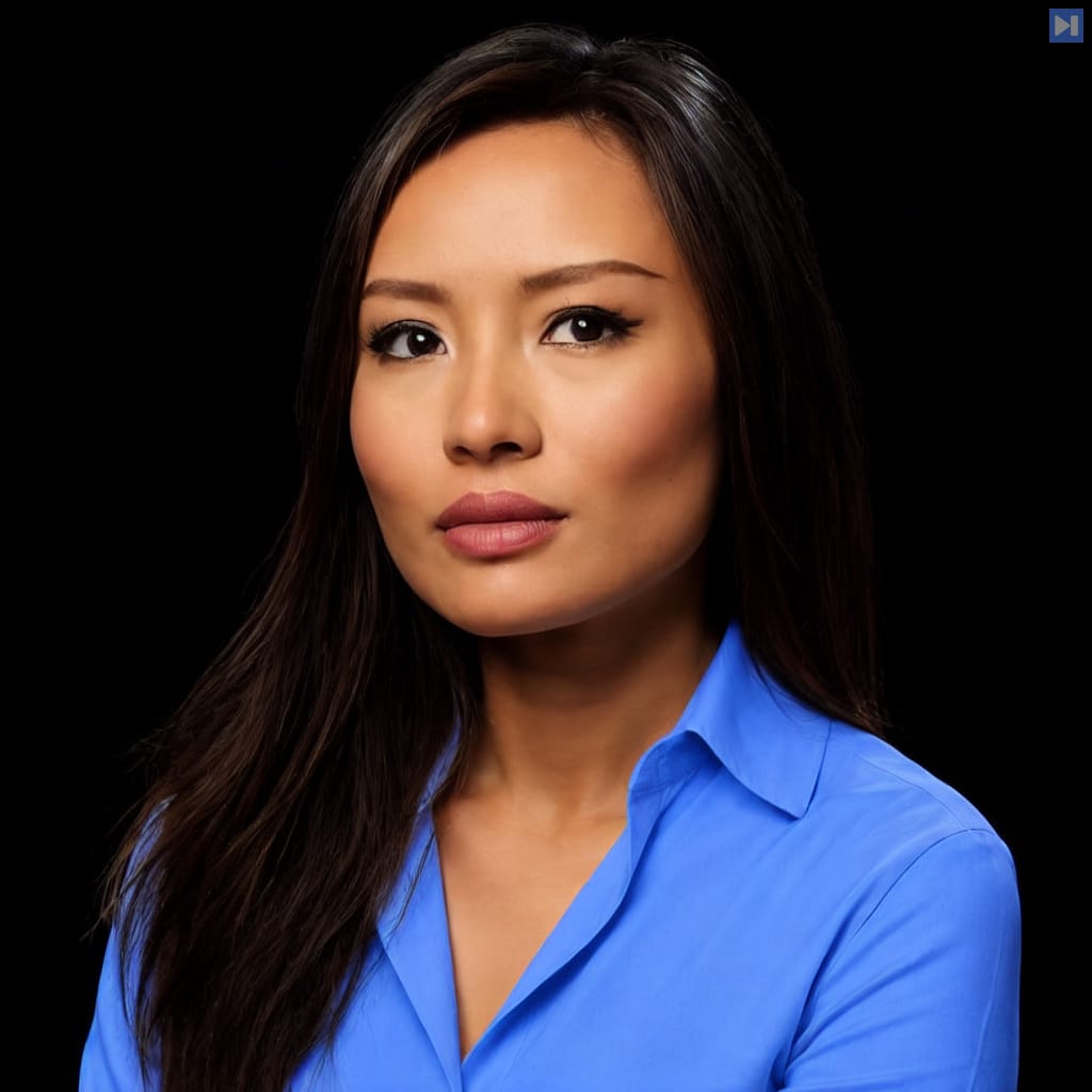 Head-and-shoulders portrait of Jen Zhu Scott wearing a bright attention-blue collared shirt against a black background.