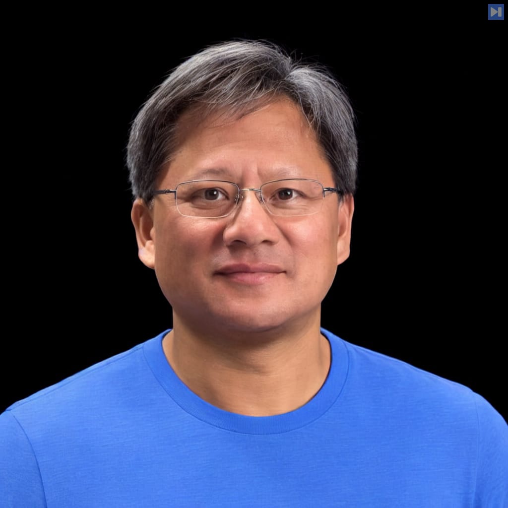 Head-and-shoulders portrait of Jensen Huang against a black background.