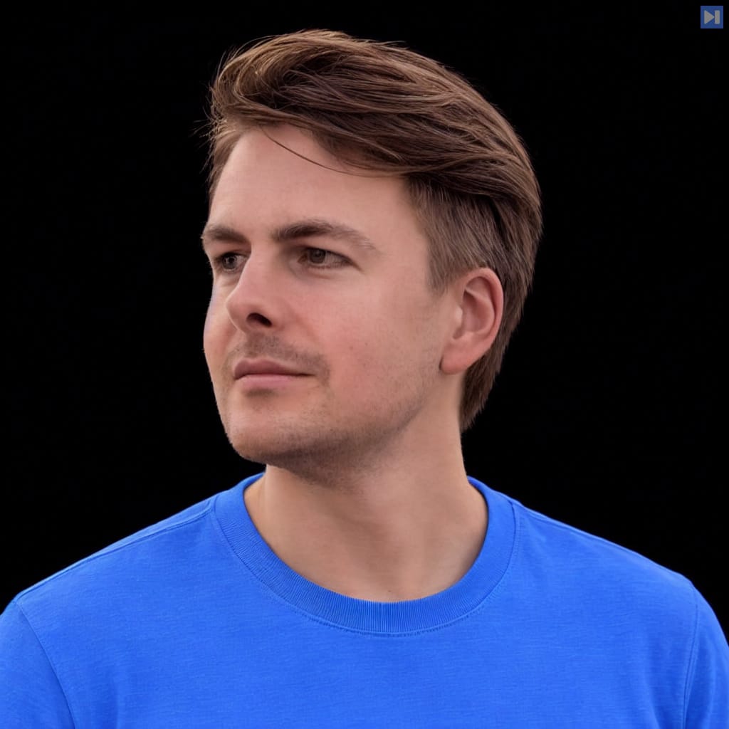 Head-and-shoulders portrait of John Loeber wearing a blue T-shirt against a black background.