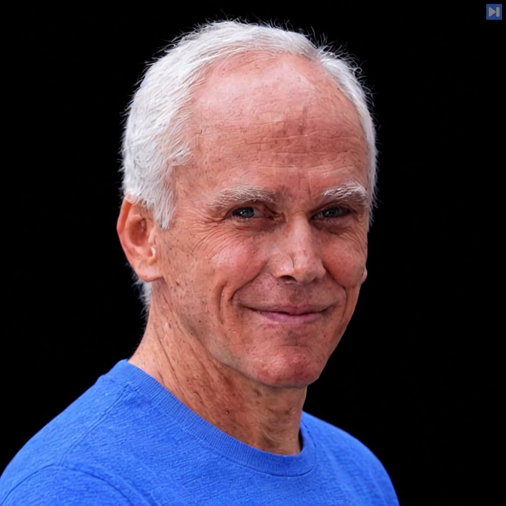 John Ousterhout in a plain light attention-blue crewneck, with short white hair and a slight smile against a pure black background.