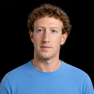 AI-generated portrait of Mark Zuckerberg wearing an AI Videos-blue top against a black background.