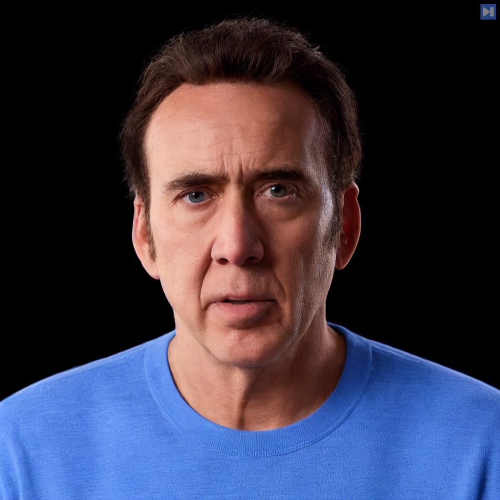 Head-and-shoulders portrait of Nicolas Cage against a black background.