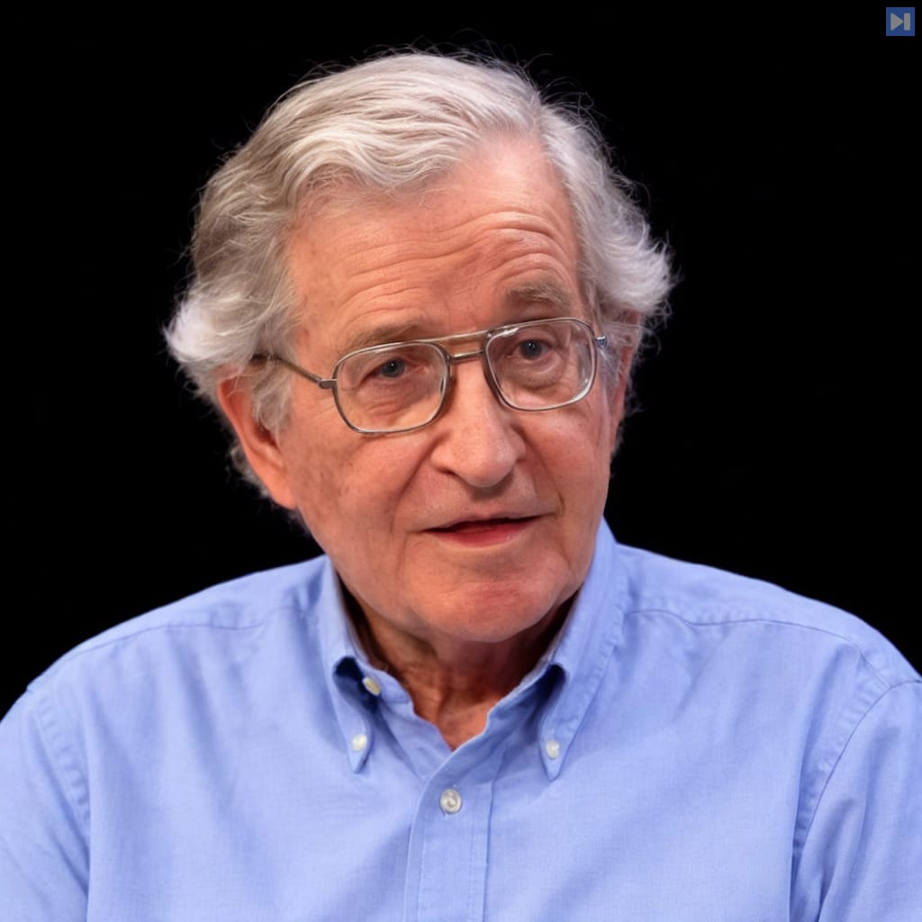 Head-and-shoulders portrait of Noam Chomsky against a black background.