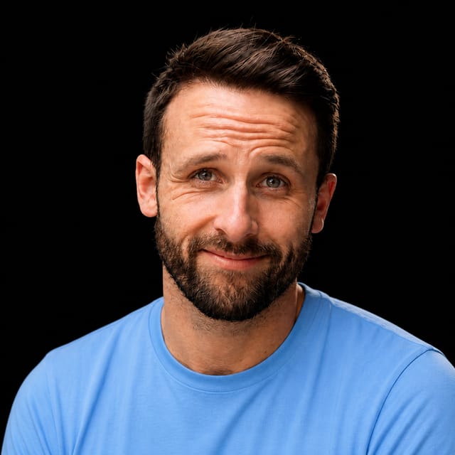 AI-generated portrait of Pat Simmons wearing an AI Videos-blue top against a black background.