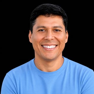 AI-generated portrait of Ray Fernando wearing an AI Videos-blue top against a black background.