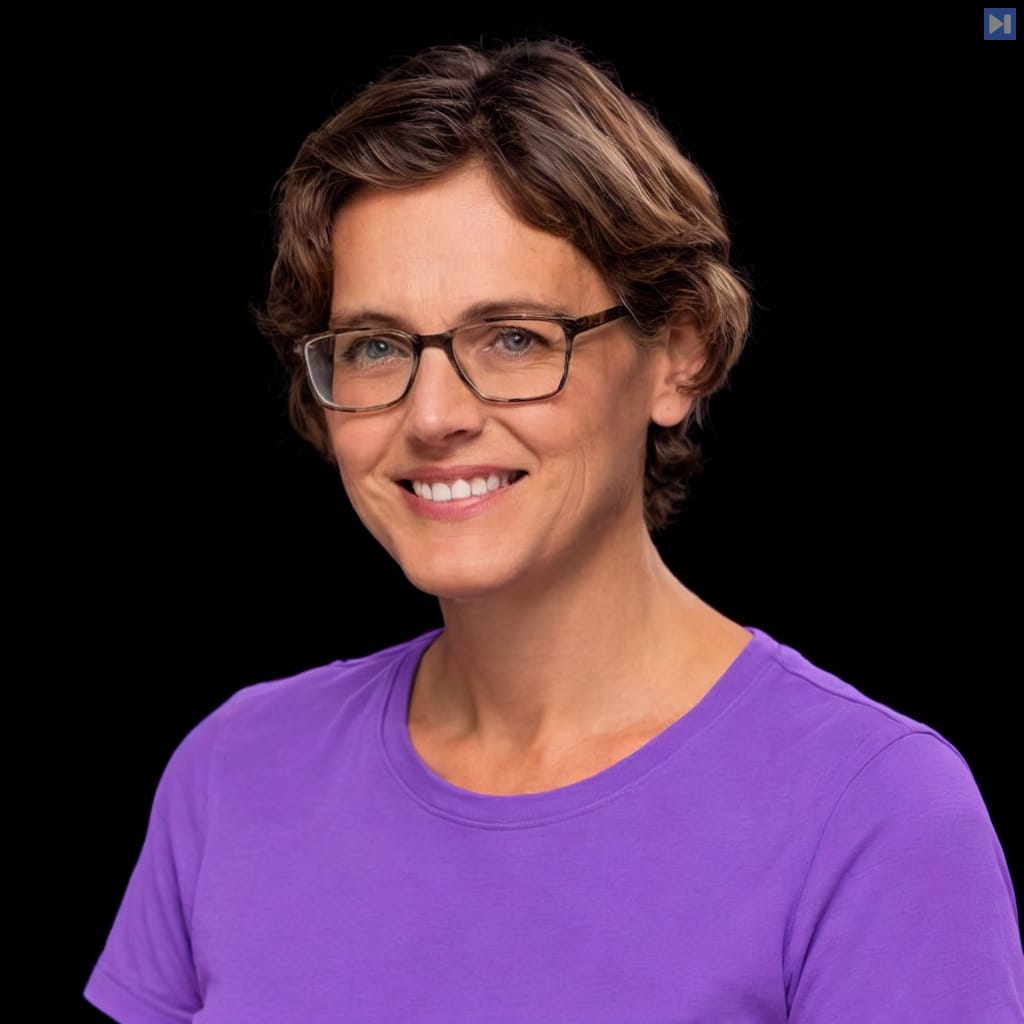 Head-and-shoulders portrait of Sally Omalley wearing a lavender T-shirt against a black background.