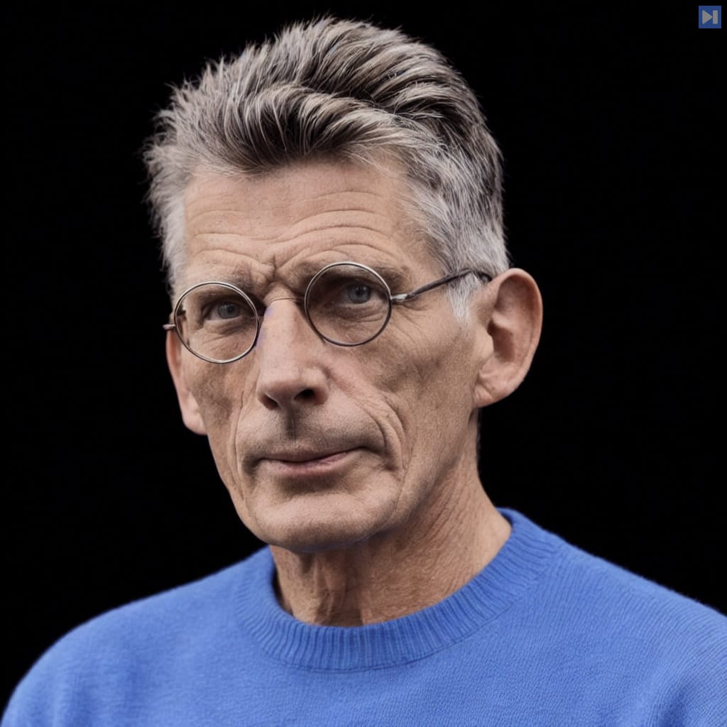 Head-and-shoulders portrait of Samuel Beckett in a light blue top against a black background.