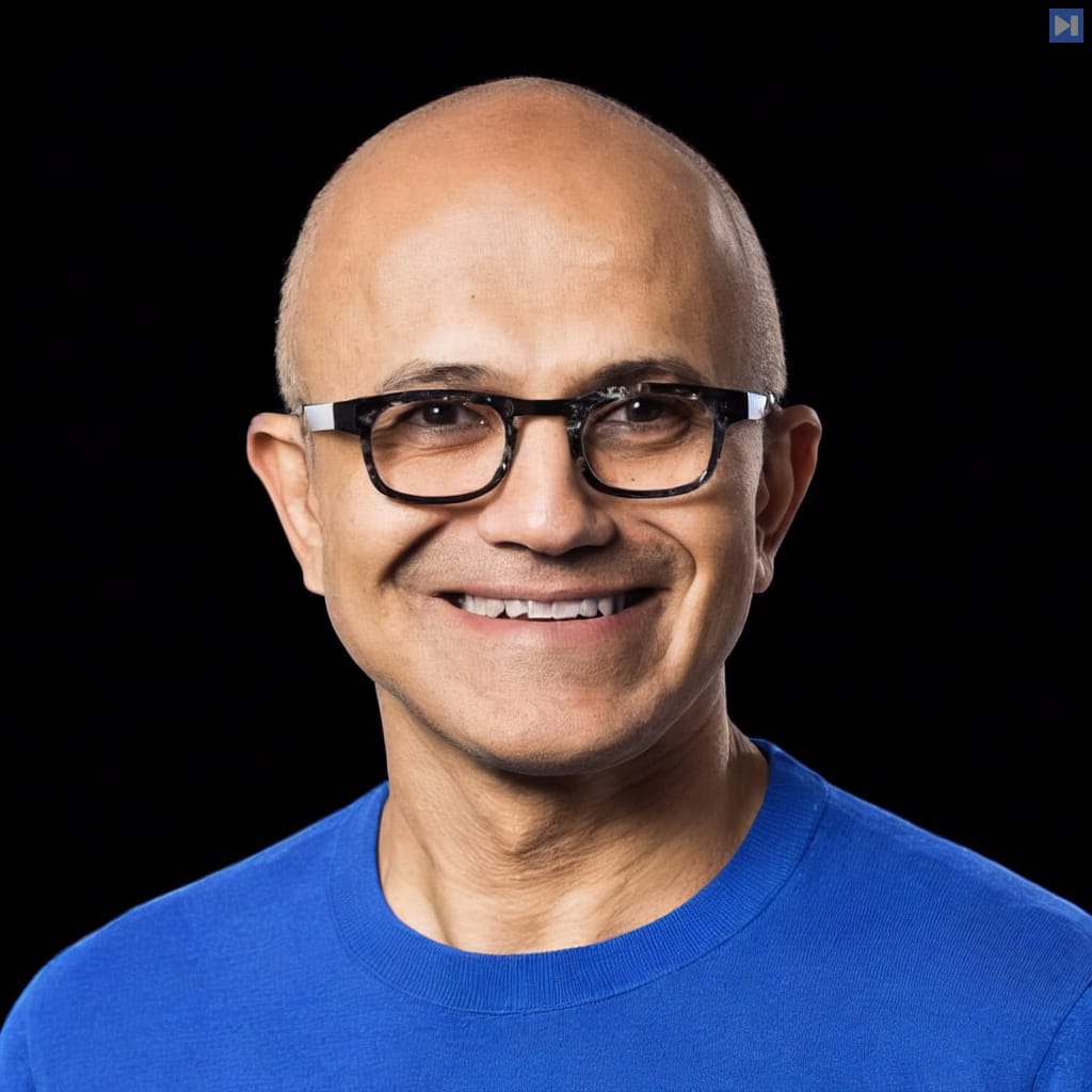 Head-and-shoulders portrait of Satya Nadella against a black background.