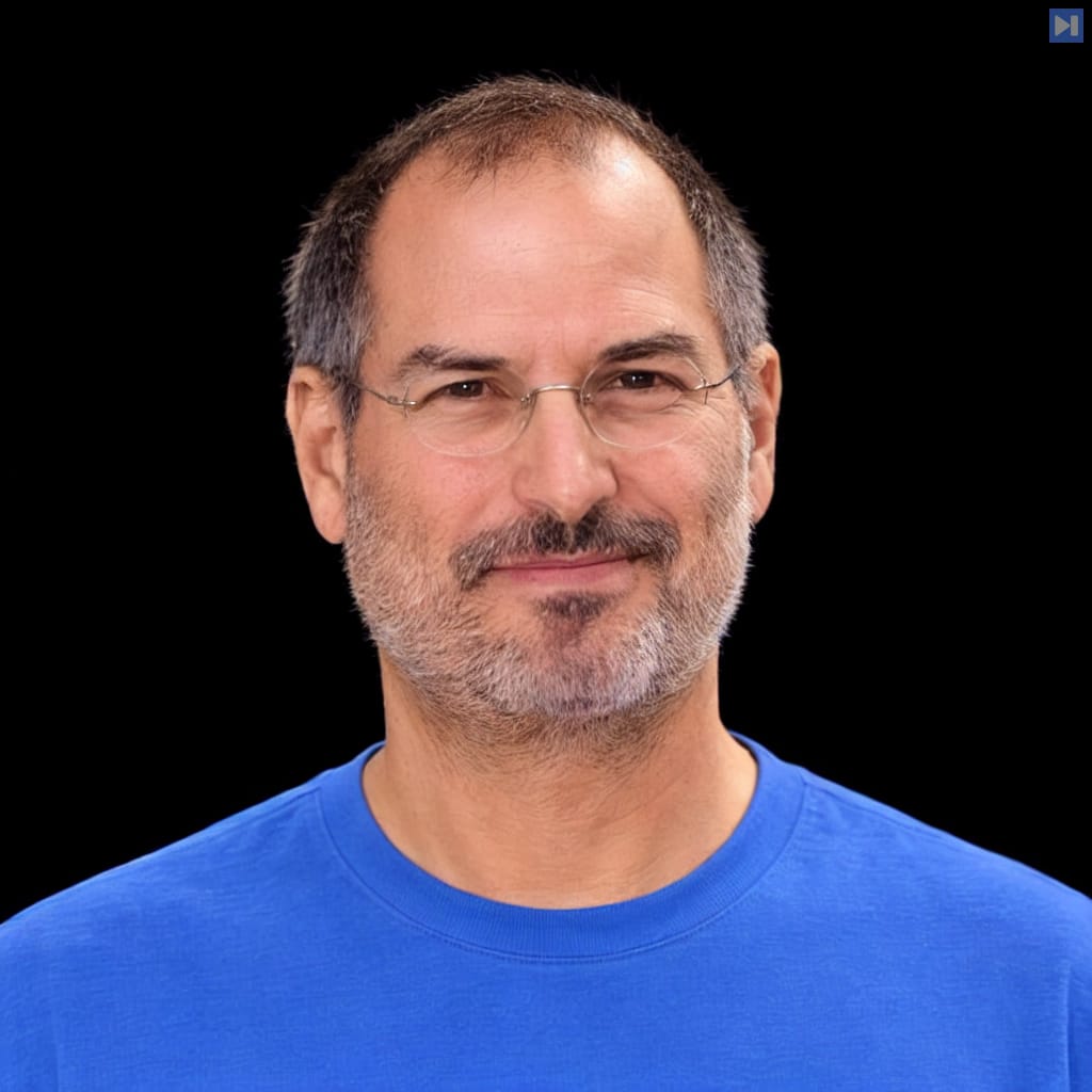 Head-and-shoulders portrait of Steve Jobs against a black background.