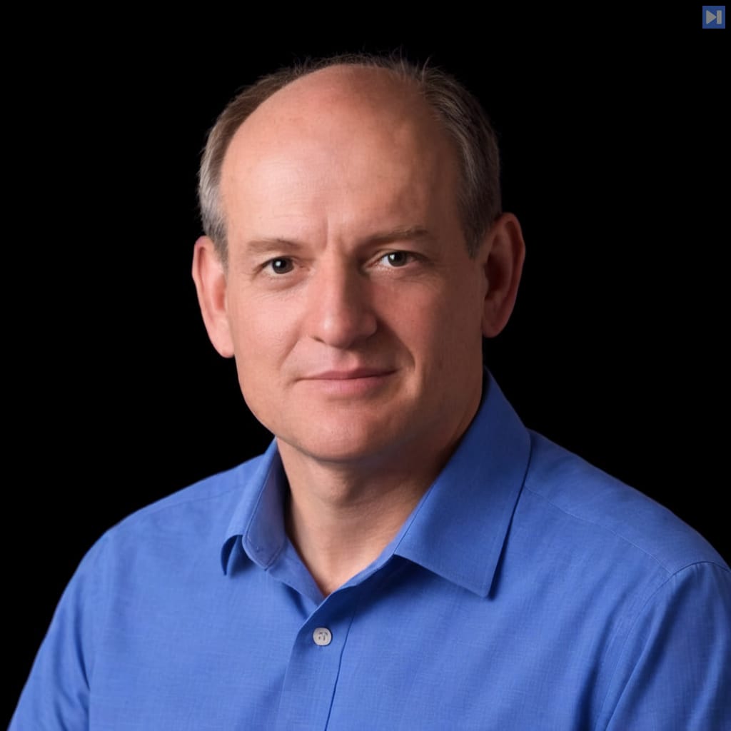Head-and-shoulders portrait of Stuart Russell against a black background.
