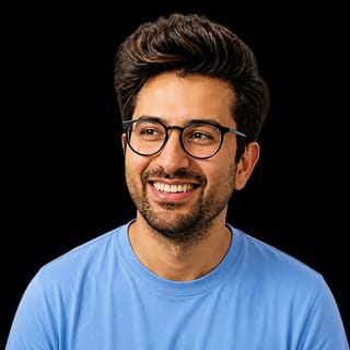 AI-generated portrait of Vasuman Moza wearing an AI Videos-blue top against a black background.