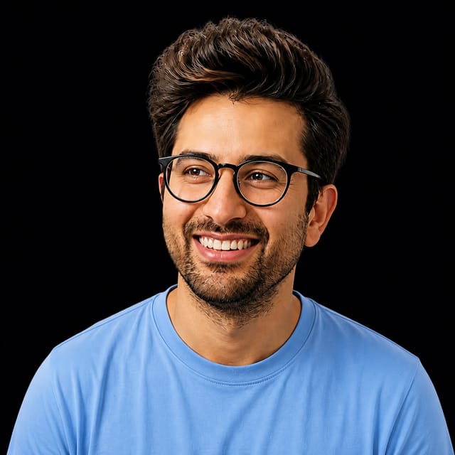AI-generated portrait of Vasuman Moza wearing an AI Videos-blue top against a black background.