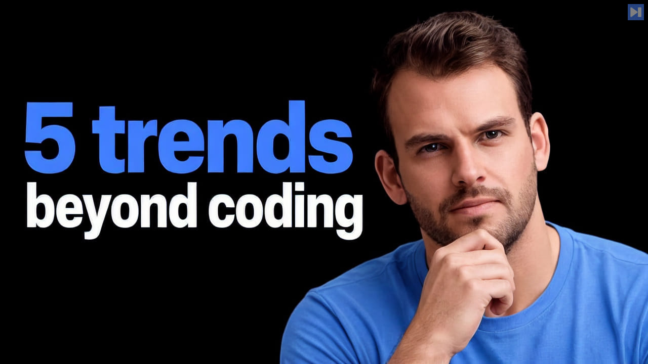 Nathaniel Whittemore in a blue top with a hand at his chin, beside the blue and white headline 5 trends beyond coding on black.