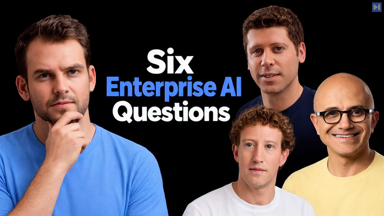 Nathaniel Whittemore in light attention blue touches his chin beside Sam Altman in navy, Mark Zuckerberg in white and Satya Nadella in pastel yellow, with natural skin tones and blue-and-white Six Enterprise AI Questions text on black.