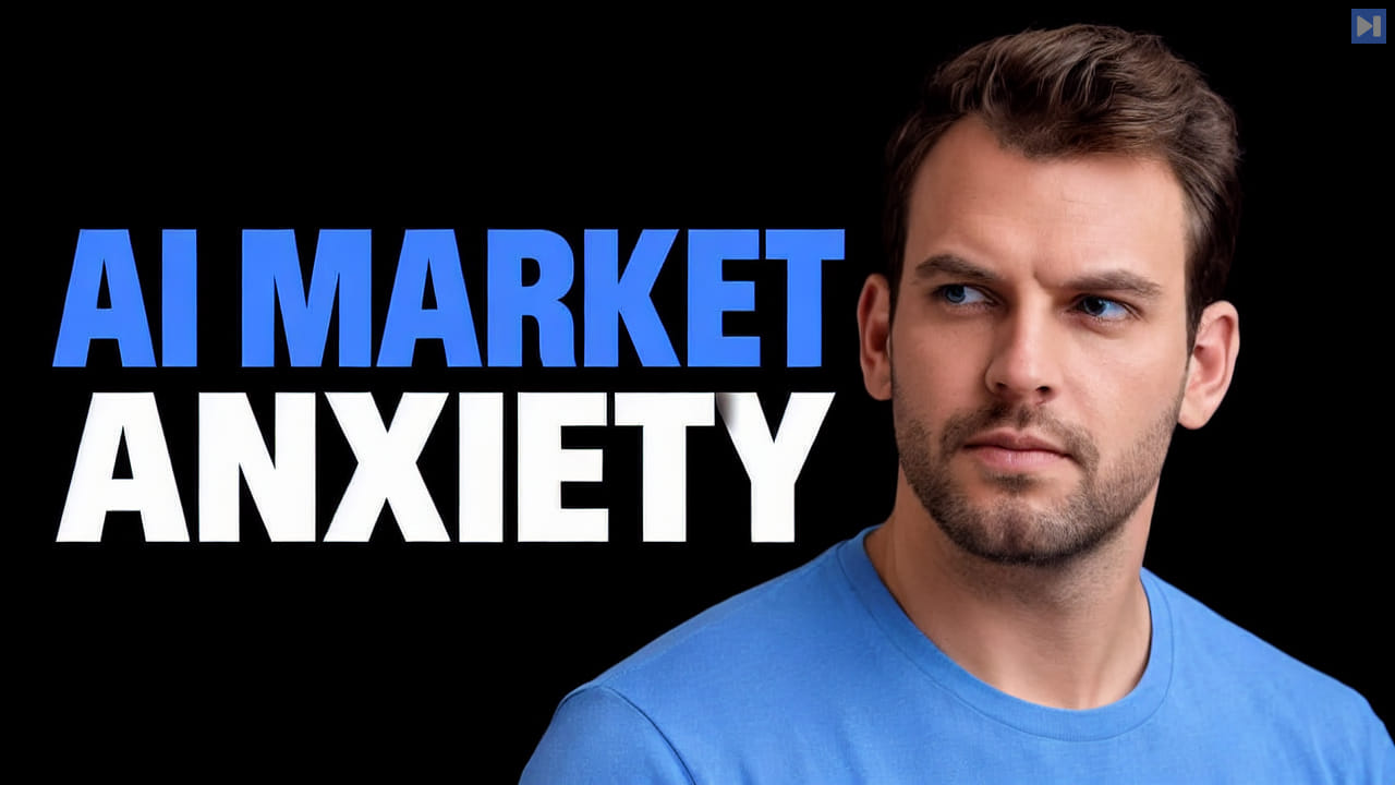 Nathaniel Whittemore in blue looking toward the “AI MARKET ANXIETY” headline on a black background.