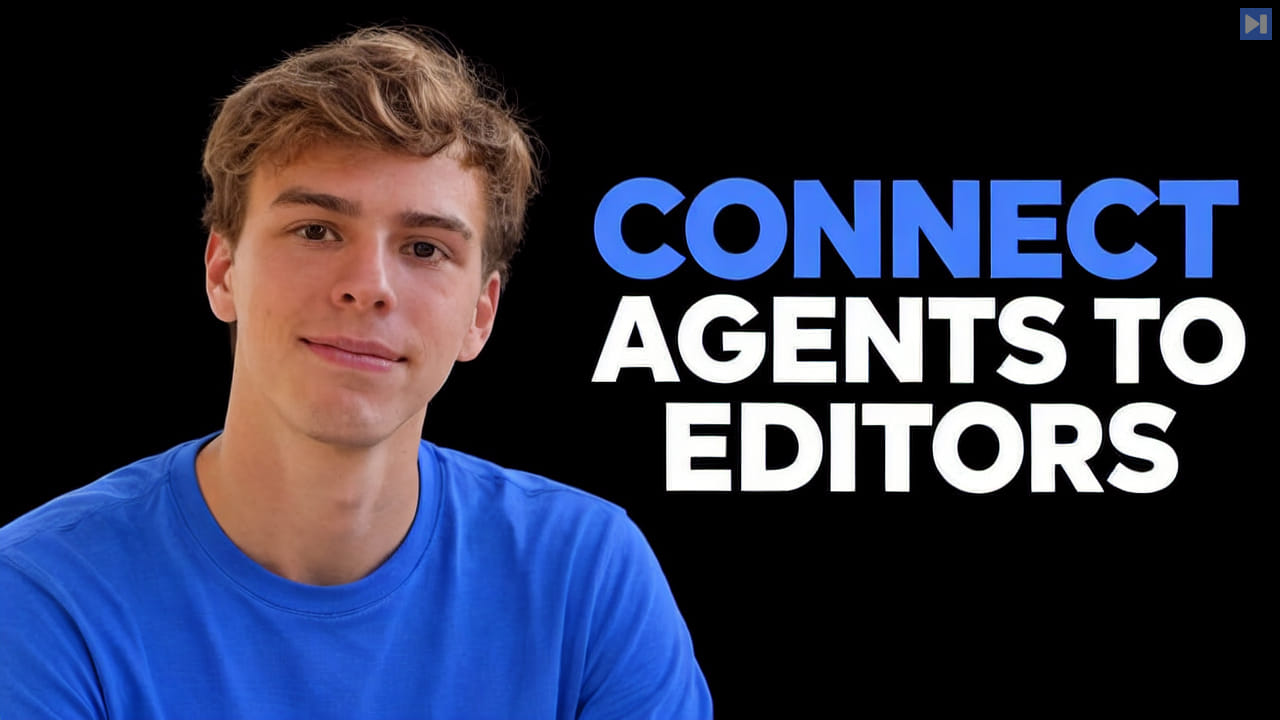 Bennet Fenner in a blue top at left beside the blue and white headline "CONNECT AGENTS TO EDITORS" on black.