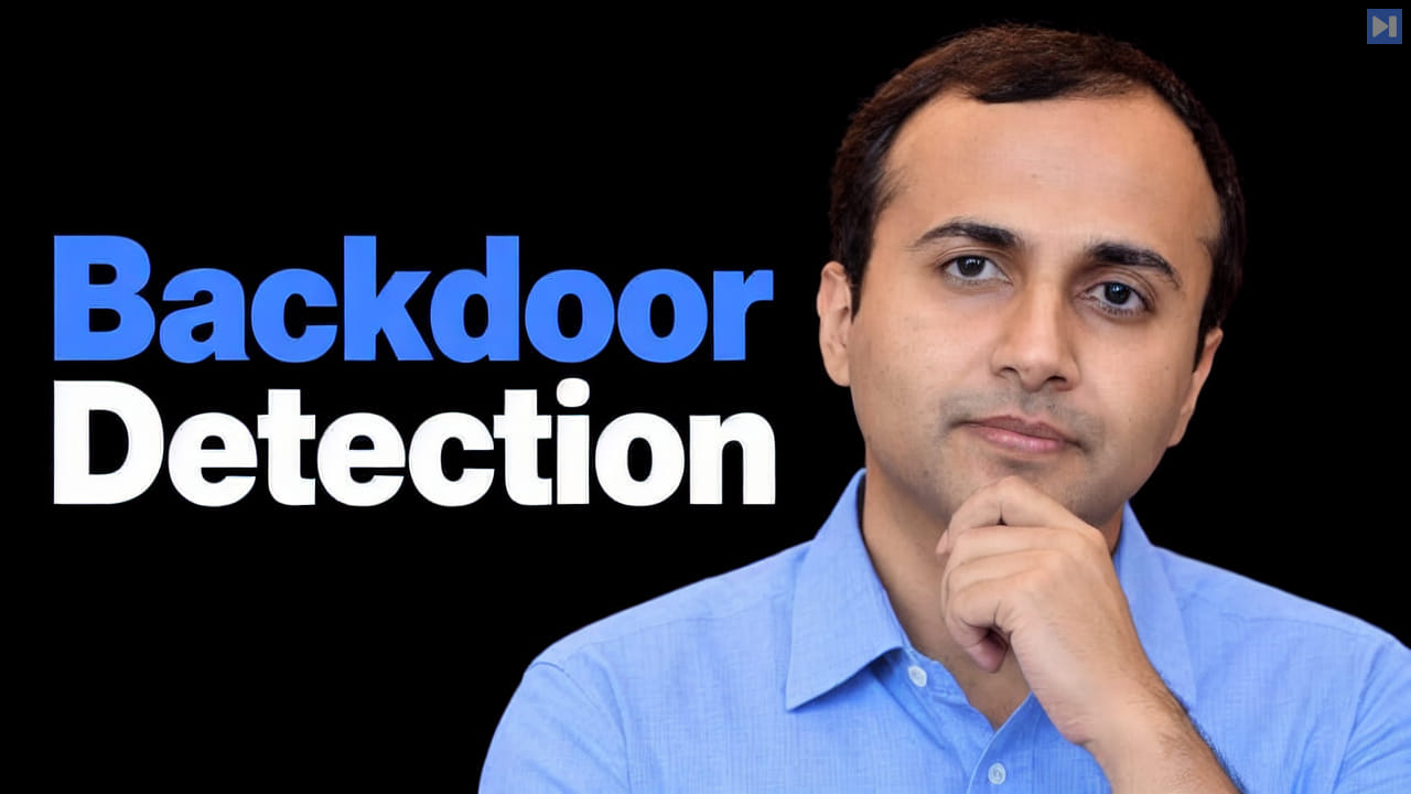 Sachin Kumar in a light-blue shirt on the right, with one hand touching his chin, beside the blue-and-white headline “Backdoor Detection” on black.