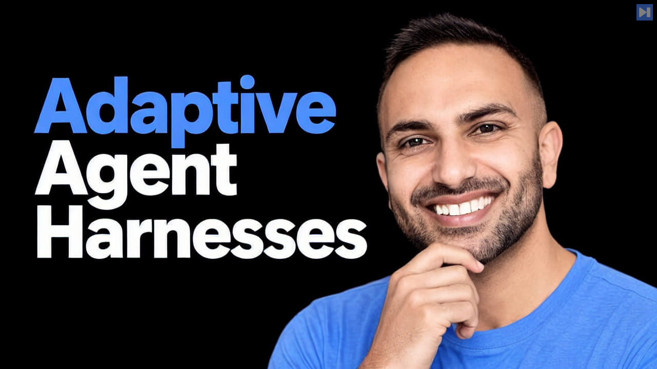 Rajiv Chandegra smiling in a light-blue top with one hand touching his chin, beside the blue-and-white headline “Adaptive Agent Harnesses” on black.