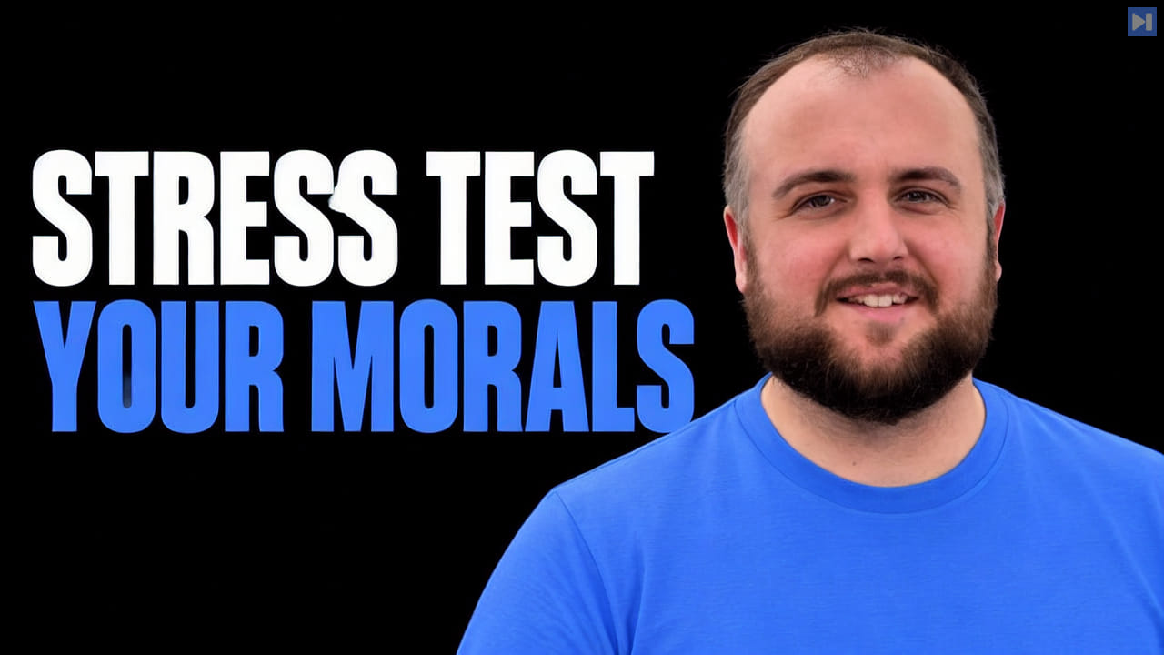 Brendan Rappazzo in a plain blue T-shirt beside the headline Stress Test Your Morals on a pure black background.