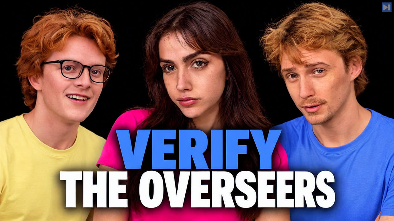 Theo Jaffee, Sofia Puccini and Aengus Lynch above the blue and white headline Verify The Overseers on black.