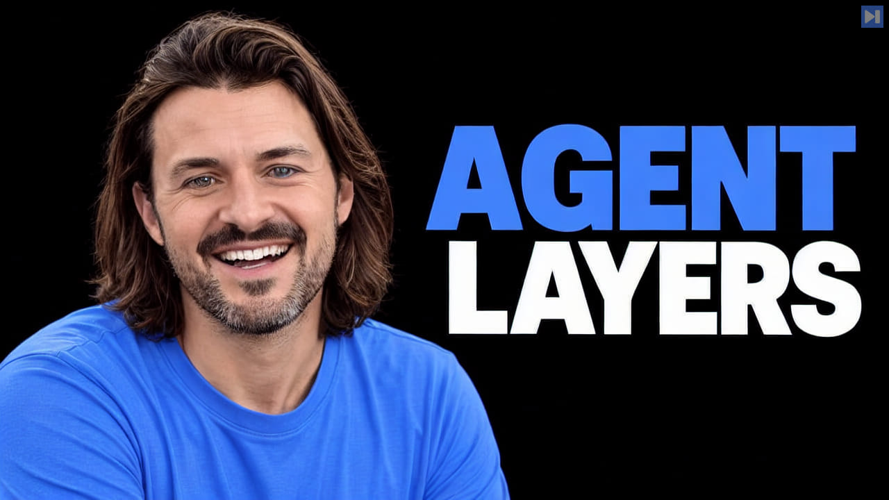Dan Farrelly in a blue top, with shoulder-length hair and beard, beside the blue-and-white headline “AGENT LAYERS” on black.