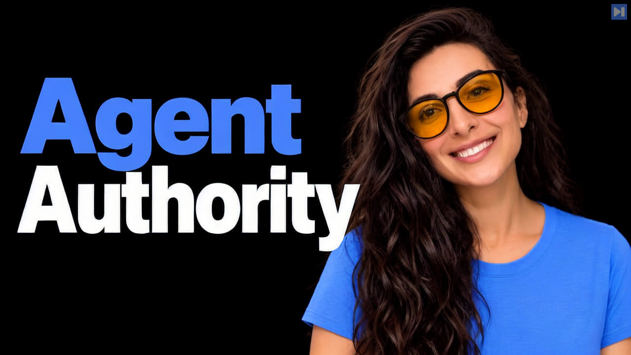 Paola Estefania wearing glasses and a plain blue T-shirt on black beside the blue and white headline “Agent Authority”.