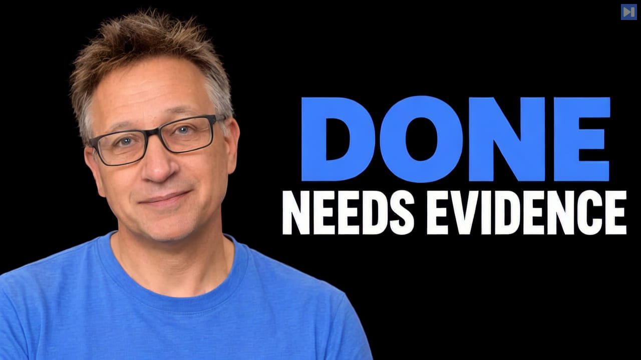 Dotta in glasses and a blue top at left beside the blue and white headline "DONE NEEDS EVIDENCE" on black.