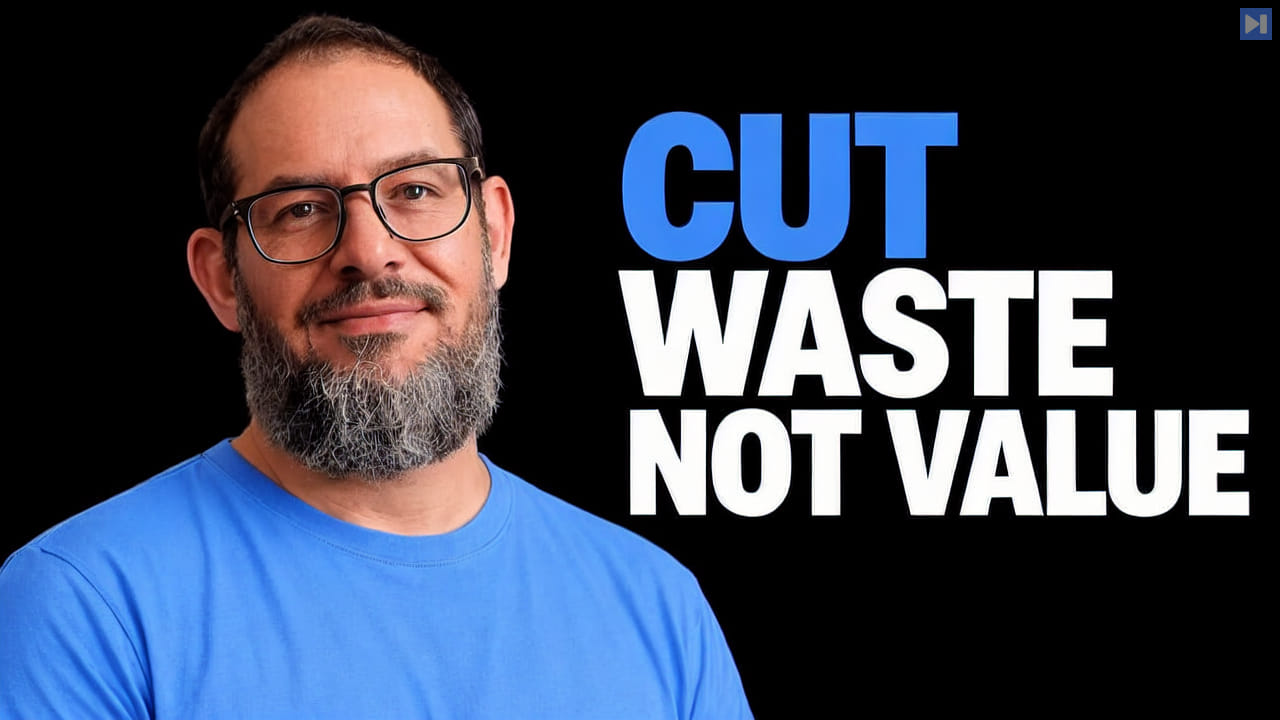 Nate B Jones against a black background beside the blue-and-white headline “CUT WASTE NOT VALUE”.