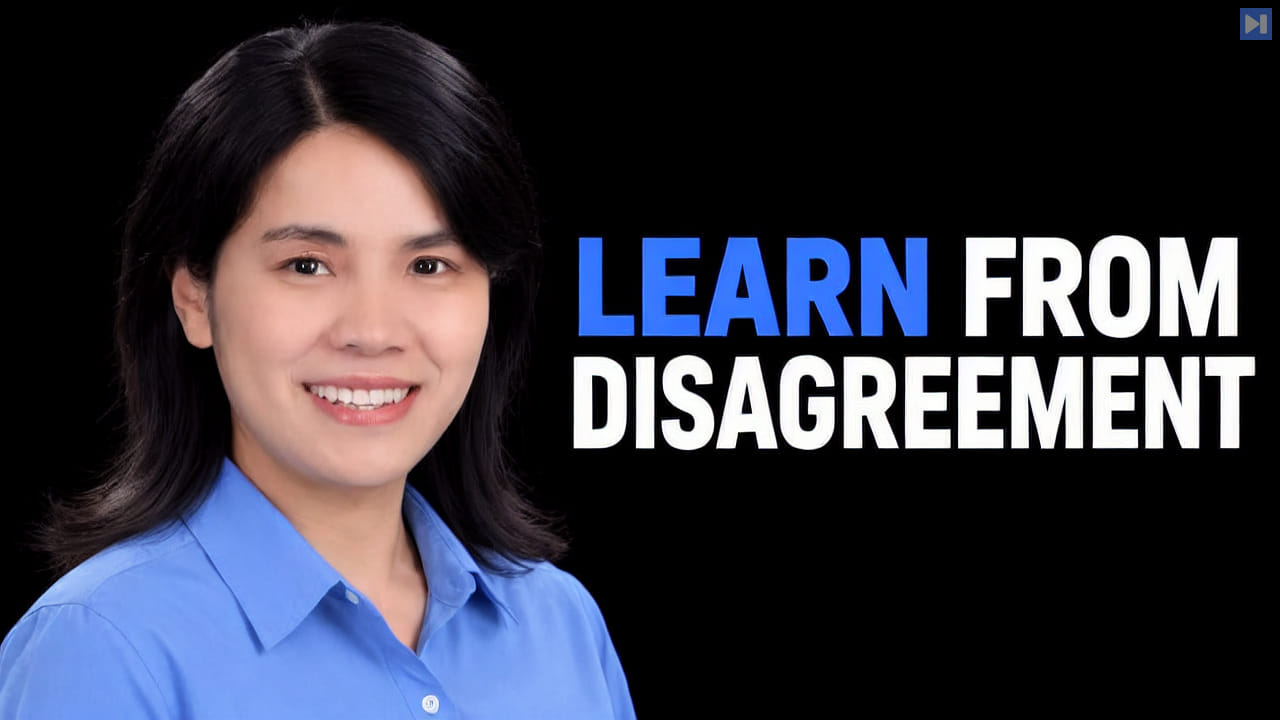 Dianhuan Lin against a black background beside the blue-and-white headline “LEARN FROM DISAGREEMENT”.