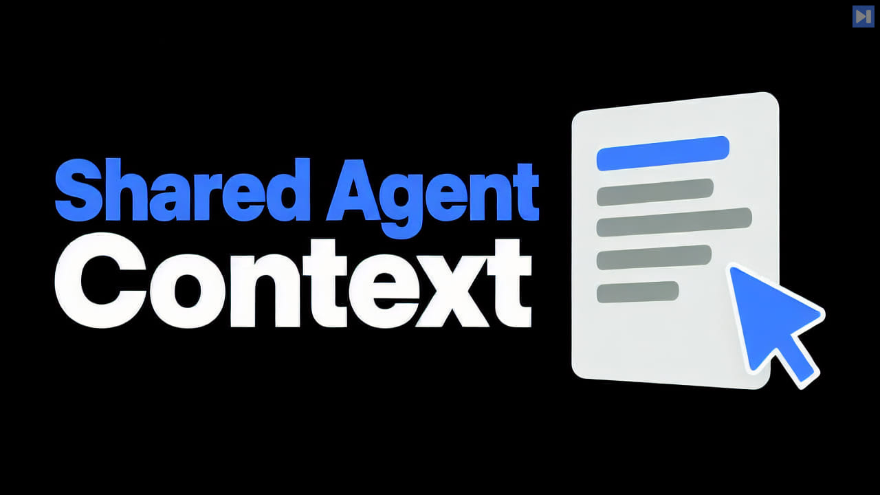 A simple flat illustration of an editable page on black beside the blue and white headline Shared Agent Context.