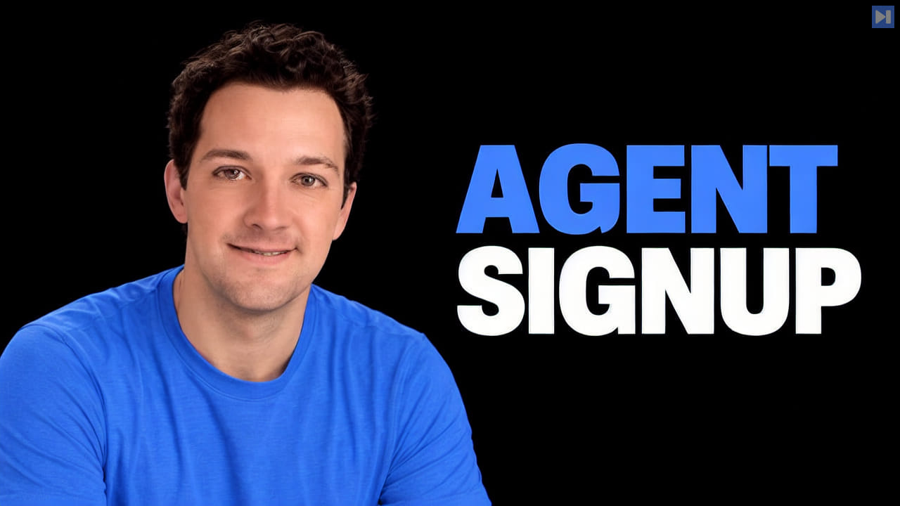 Michael Grinich in a blue top on the left beside the blue-and-white AGENT SIGNUP headline against black.