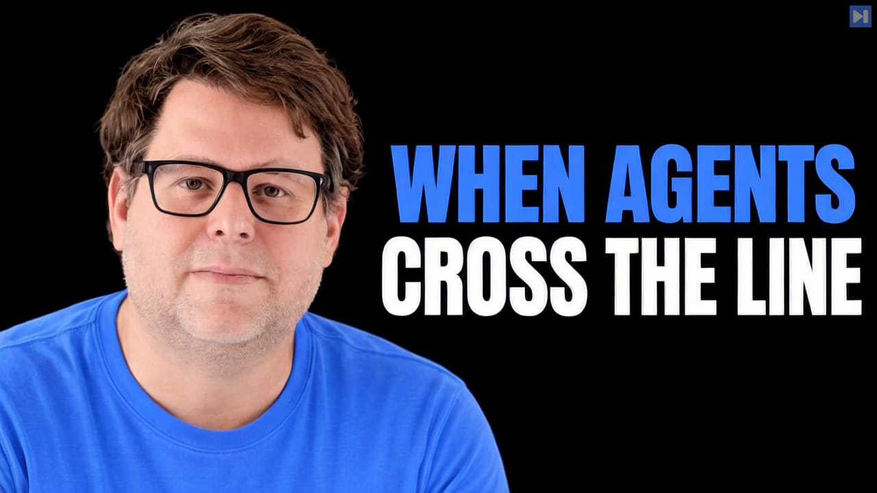 Aaron Stanley in glasses and a blue top beside the blue-and-white headline “WHEN AGENTS CROSS THE LINE” on a black background.