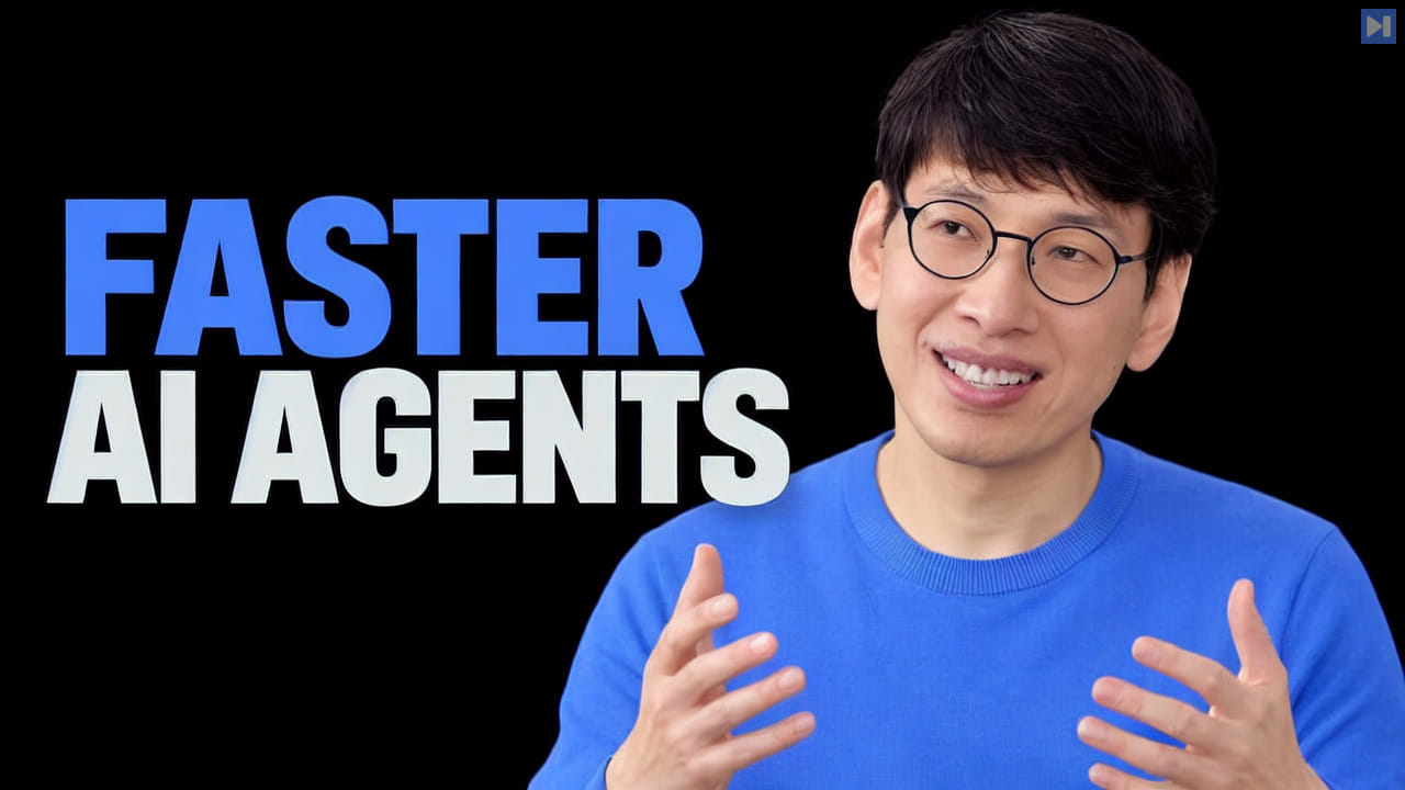 Byung-Gon Chun in a blue sweater gestures beside the blue and white headline FASTER AI AGENTS on black.