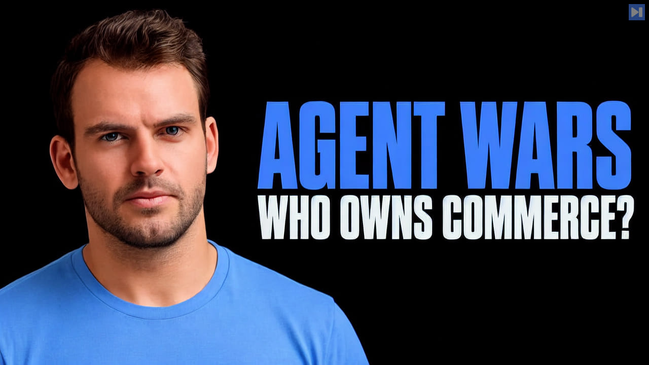 Nathaniel Whittemore in a blue top beside blue “AGENT WARS” and white “WHO OWNS COMMERCE?” on black.