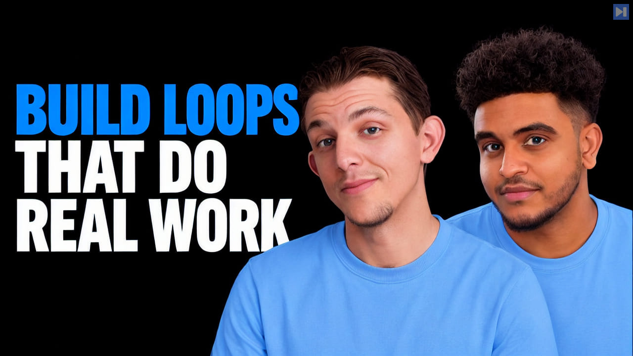 Riley Brown and Michael Shimeles beside the blue and white headline BUILD LOOPS THAT DO REAL WORK on black.