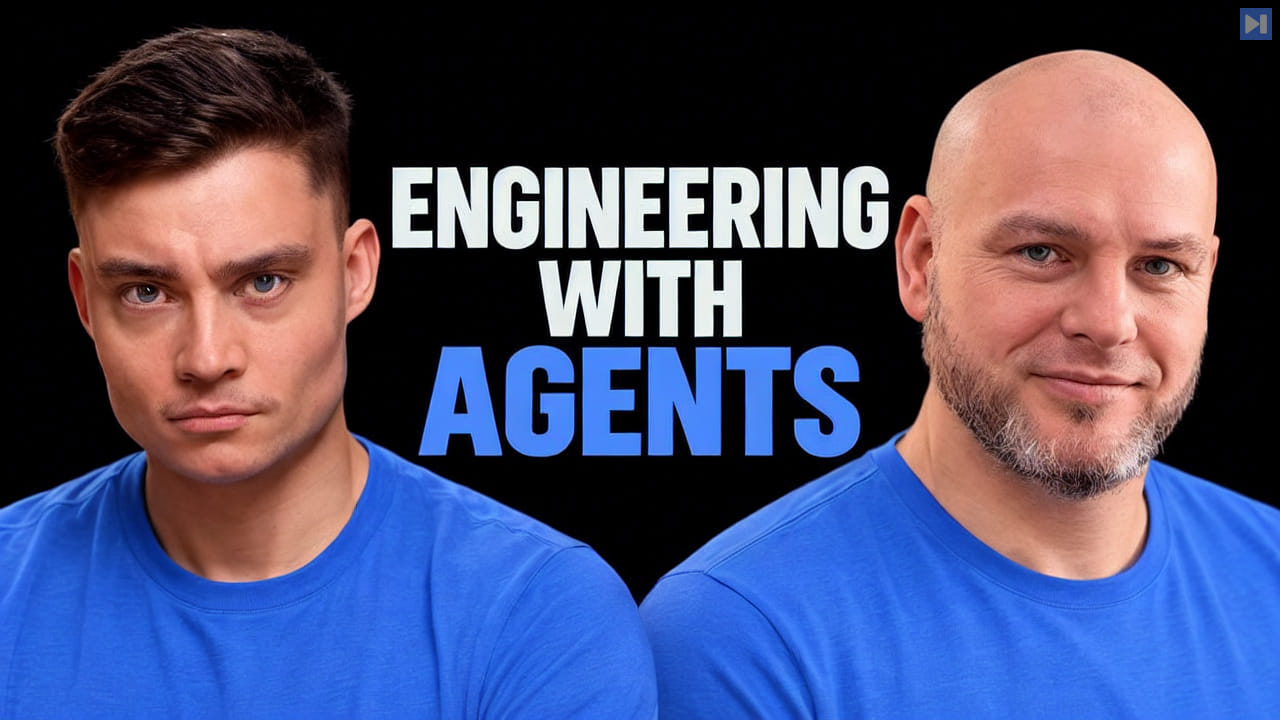 David Ondrej and Daniel Miessler in blue tops flank the headline ENGINEERING WITH AGENTS on black.