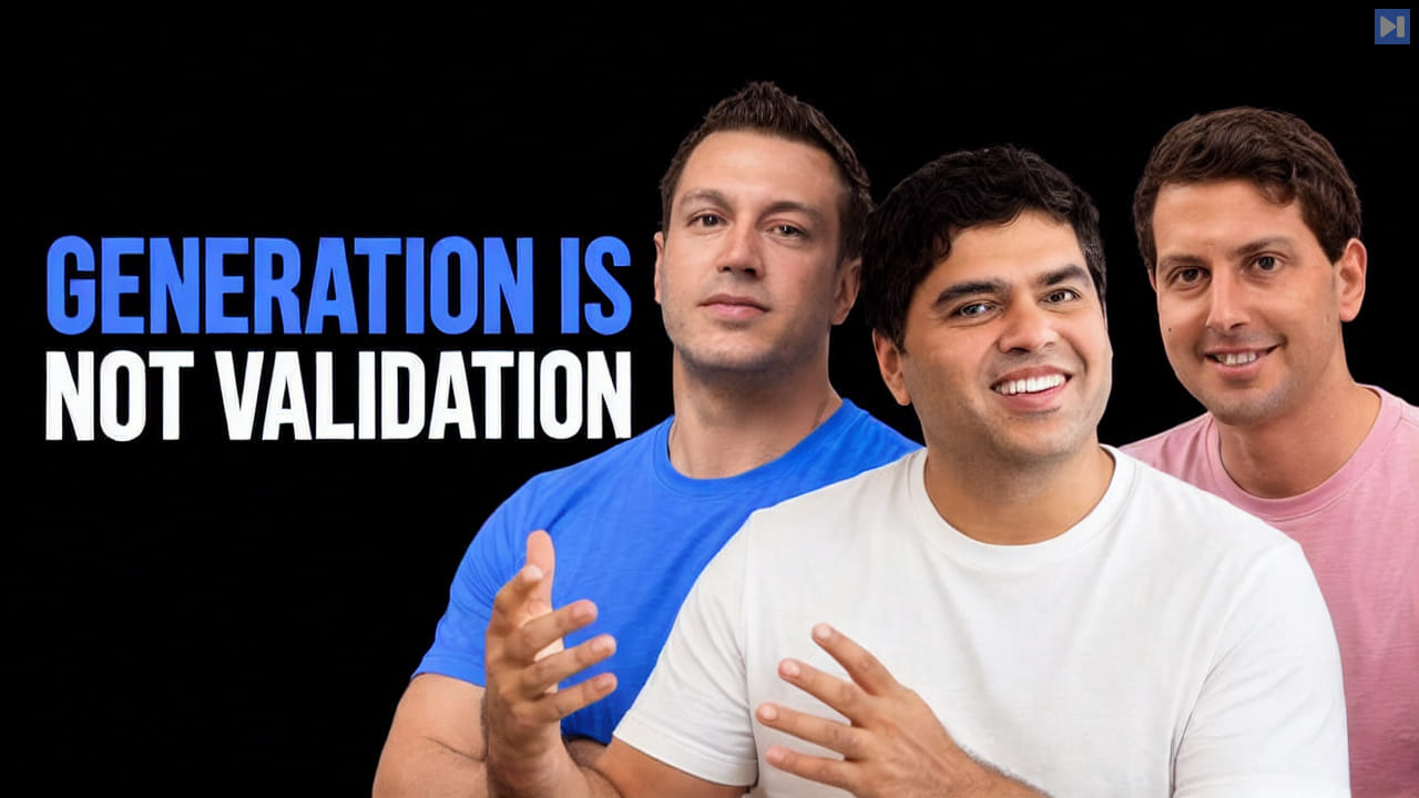 Randall Degges in blue, Manoj Nair in white and Ezra Tanzer in pink beside the blue-and-white headline “GENERATION IS NOT VALIDATION” on black.