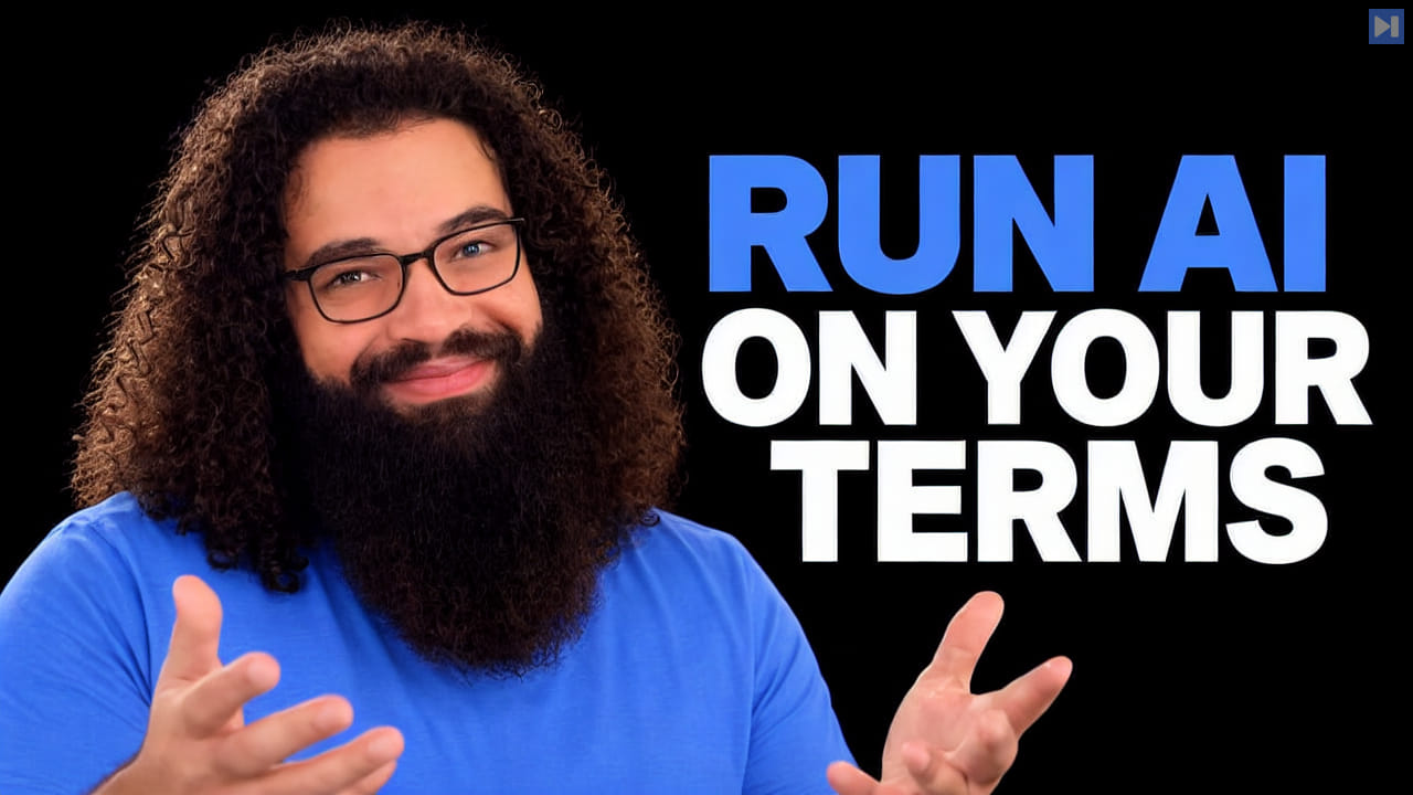 Ahmad Osman gestures beside the blue-and-white RUN AI ON YOUR TERMS headline on a black background.