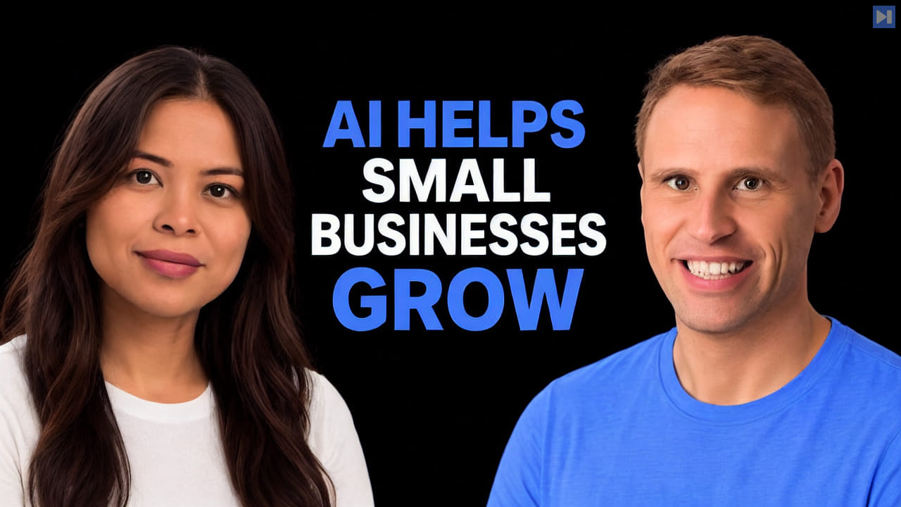 Sophia Dew and Nich Tremper beside the blue and white headline AI HELPS SMALL BUSINESSES GROW against black.