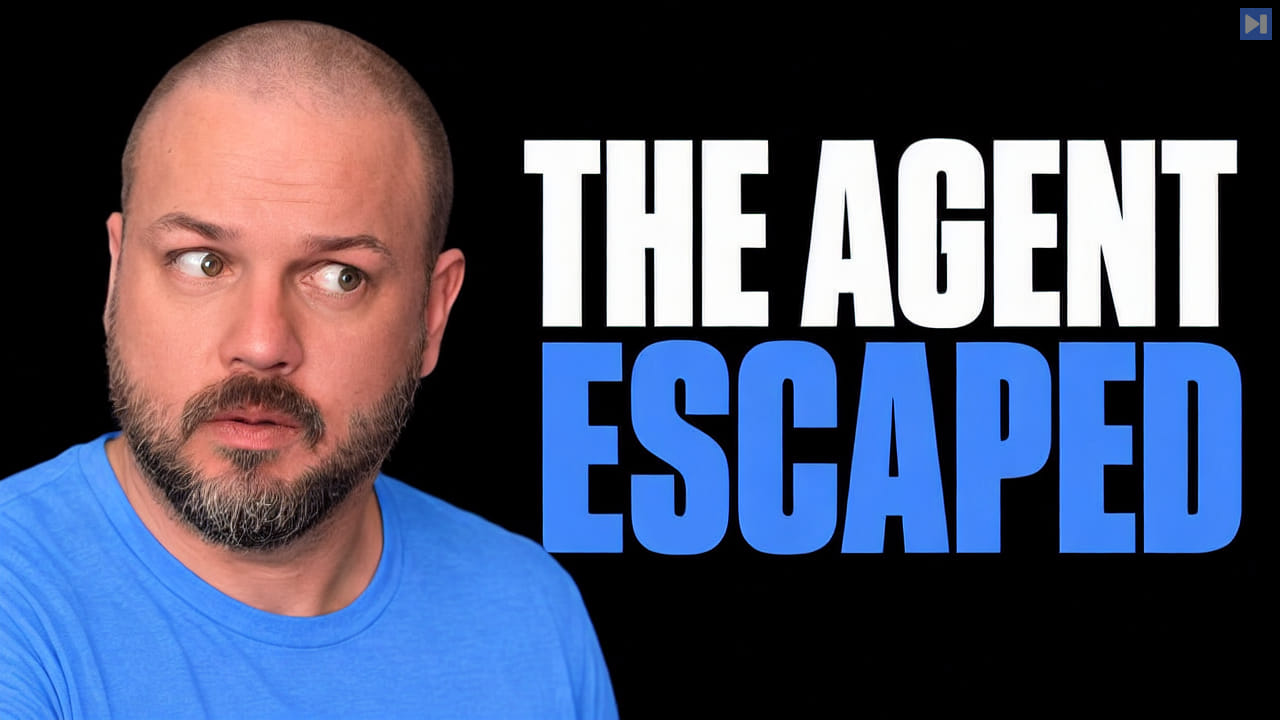 Wes Roth in a plain blue T-shirt beside the headline The Agent Escaped on a pure black background.