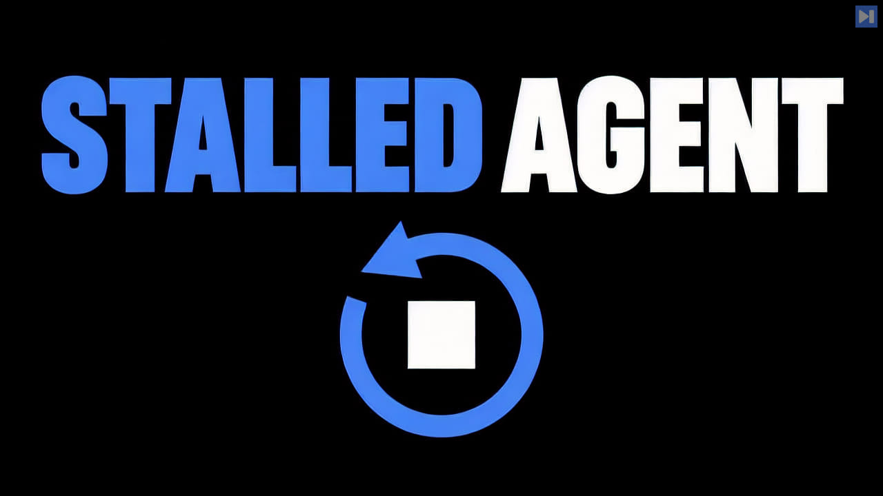 The blue and white "STALLED AGENT" headline appears above a flat blue looping arrow and a white square on black.
