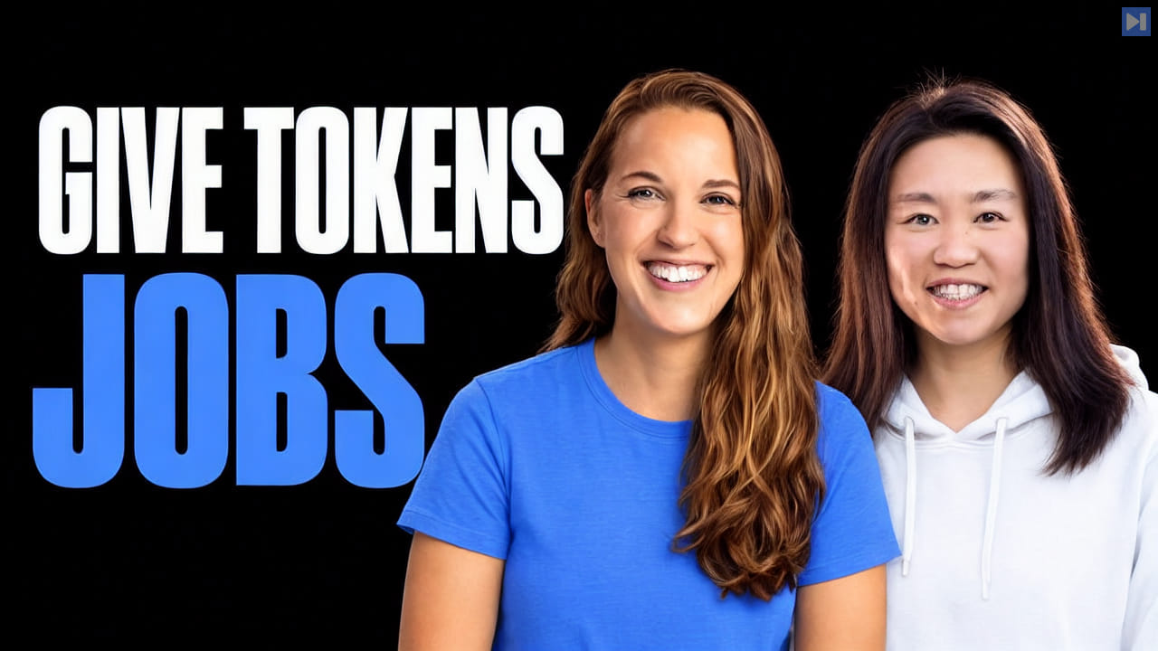 Katelyn Lesse in a plain blue T-shirt and Angela Jiang in a plain true-white hoodie beside the headline Give Tokens Jobs on a pure black background.