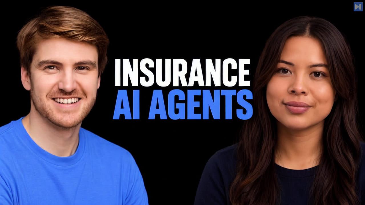 Jamie Cuffe and Sophia Dew against a black background beside the blue-and-white headline “INSURANCE AI AGENTS”.