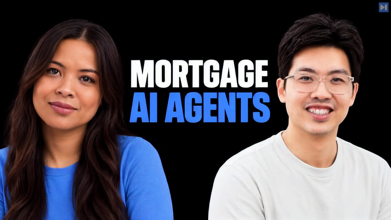 Sophia Dew in blue and Mike Yu in off-white against pure black beside the white and blue headline MORTGAGE AI AGENTS.