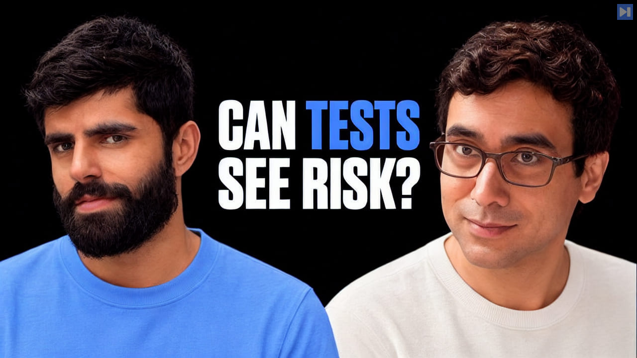 Noam Brown and Dwarkesh Patel on either side of the blue-and-white headline “CAN TESTS SEE RISK?” against a black background.