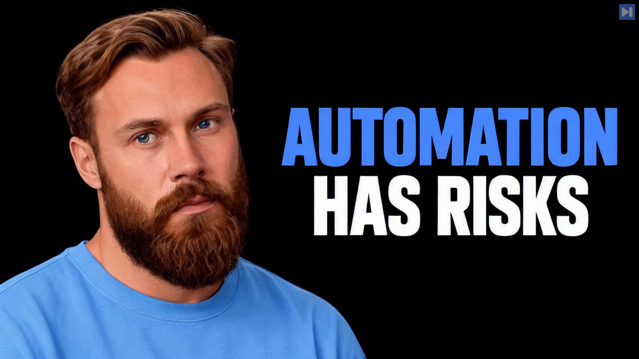 Kristian Fagerlie in a blue top beside the blue-and-white headline “AUTOMATION HAS RISKS” against a black background.